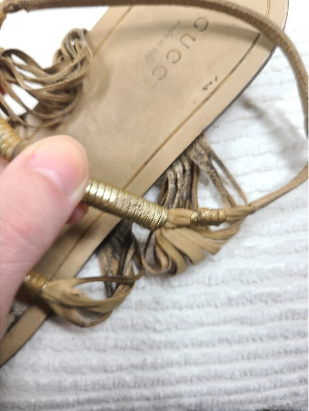 Gucci Suede Rattan Sandals Wrapped Gold Ankle Buckle 39.5 9.5 AsIs Worn
